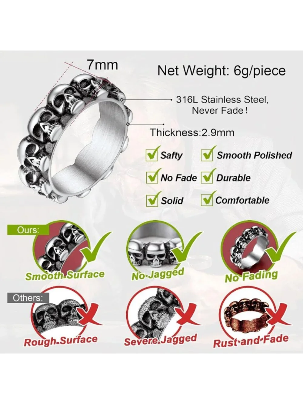 Gothic Skull Ring for Men - Stainless Steel Biker Band, Punk Jewelry, Gift Boxed